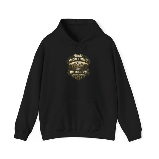Outdoors Vintage Badge Hoodie — Iron Drift Outdoors Graphic Sweatshirt