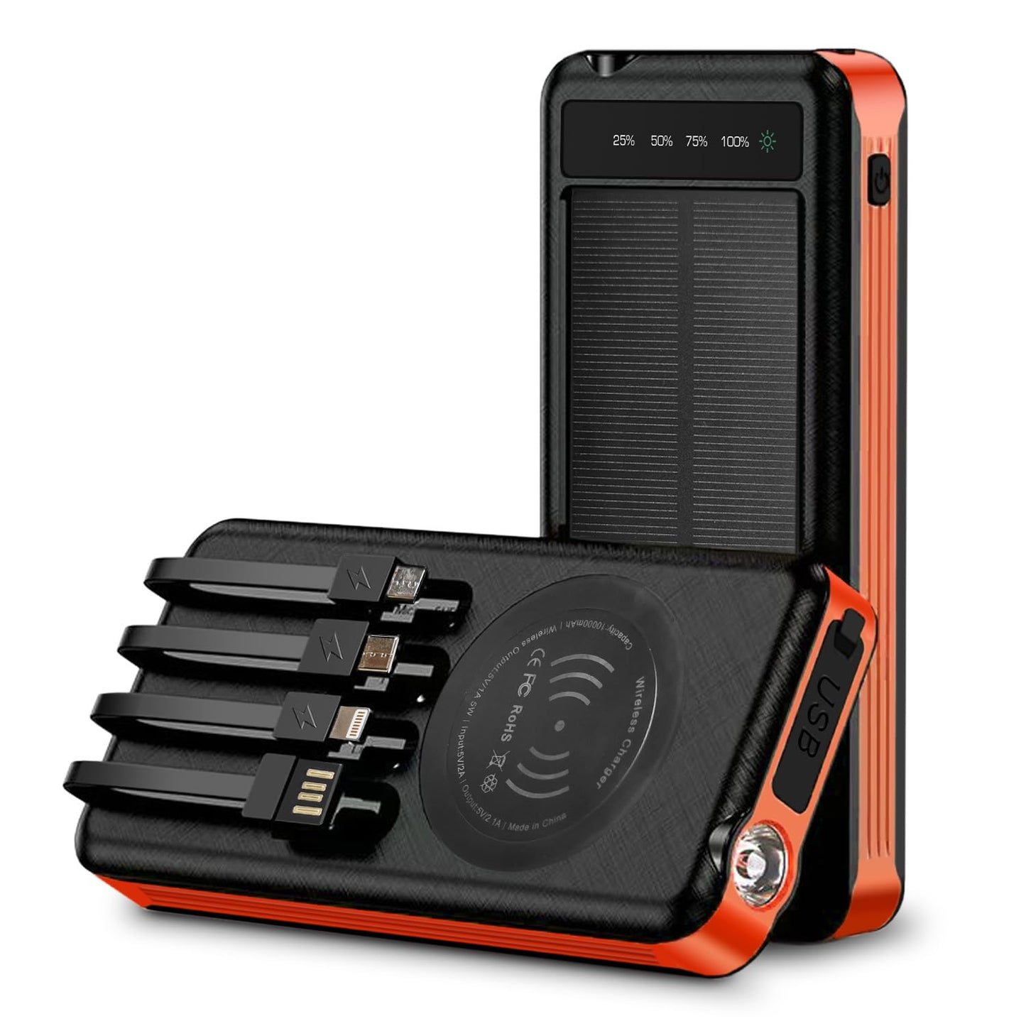 Outdoor Solar Portable Power Bank with Wireless Charging Built-in Charging Cables