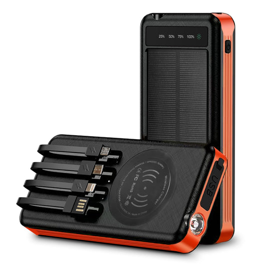 Outdoor Solar Portable Power Bank with Wireless Charging Built-in Charging Cables