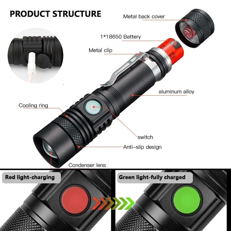 90000LM LED Tactical Flashlight Zoomable With Rechargeable Battery