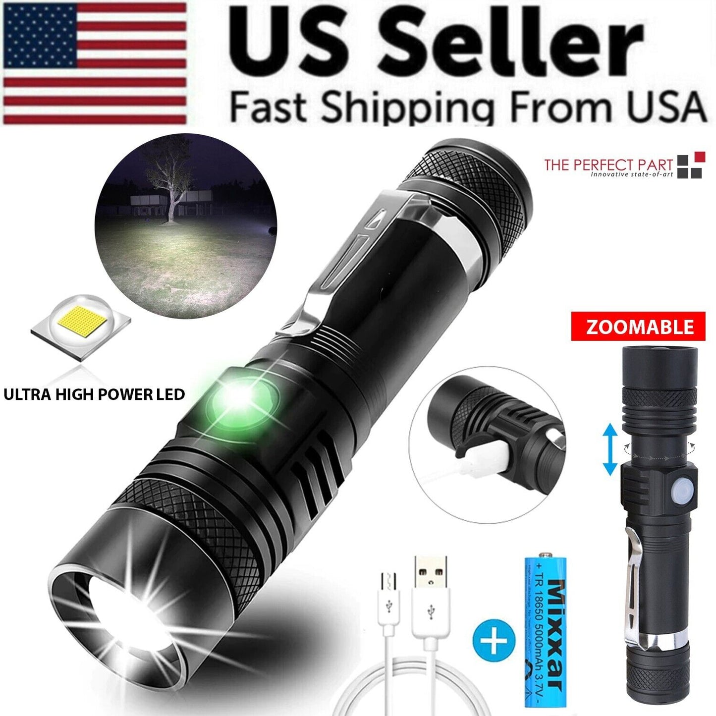 90000LM LED Tactical Flashlight Zoomable With Rechargeable Battery