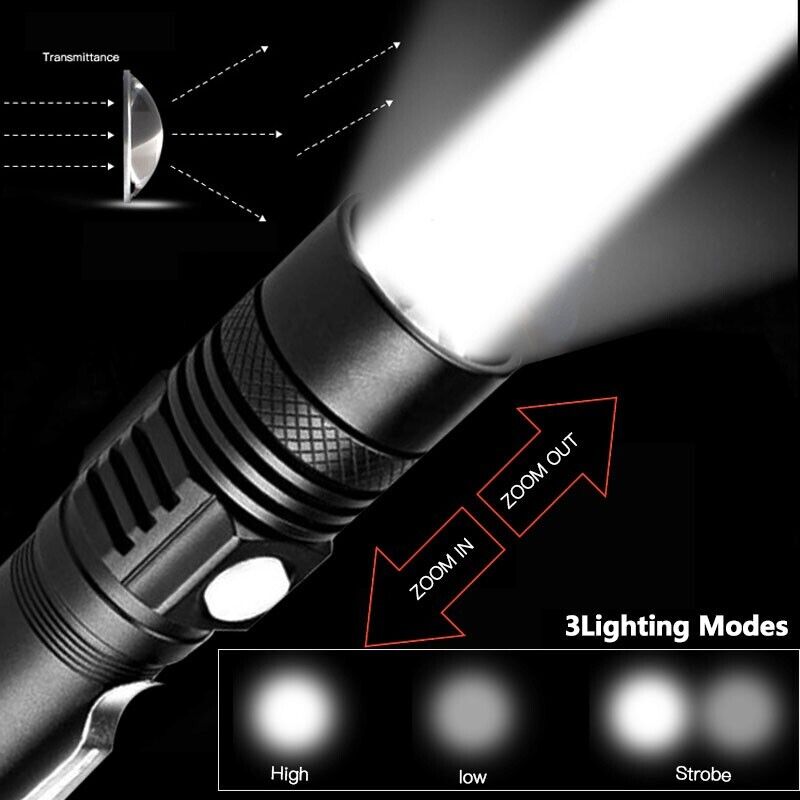 90000LM LED Tactical Flashlight Zoomable With Rechargeable Battery