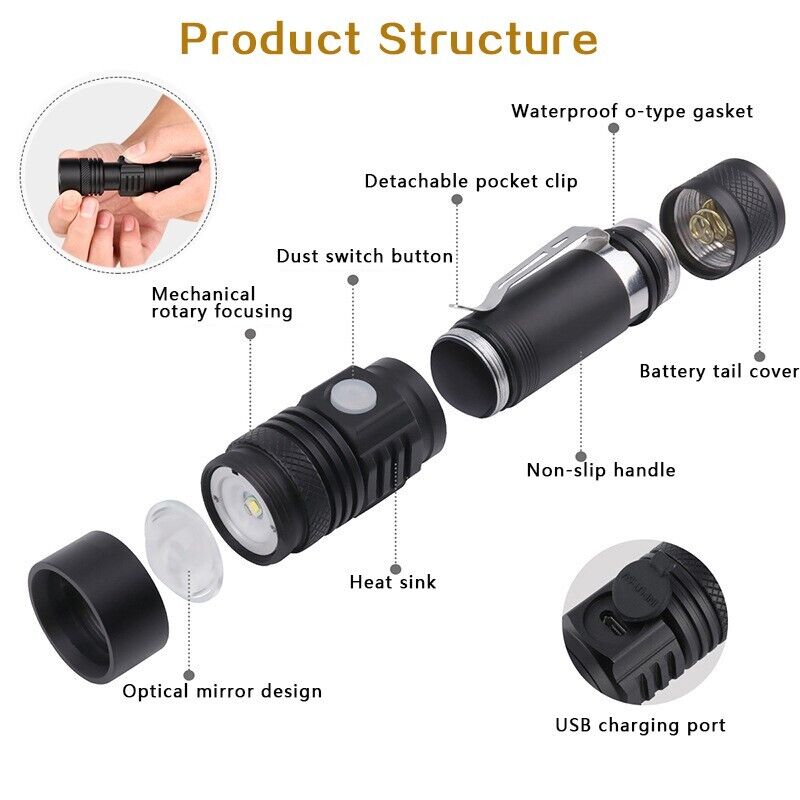90000LM LED Tactical Flashlight Zoomable With Rechargeable Battery
